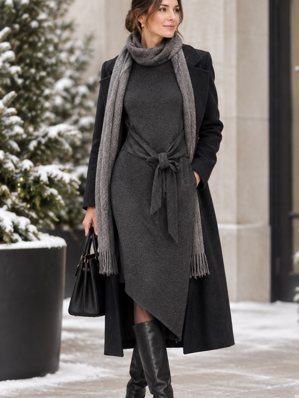 Tahari Grey Merino Wool Blend Asymmetrical Front Belting Sweater Dress M
